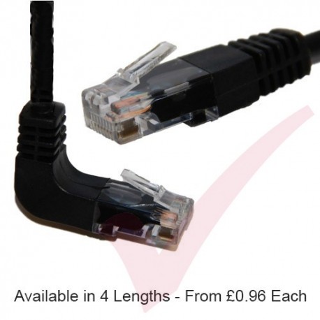 Black - Cat5e Right Angle 'DOWN' to Straight 26AWG RJ45 UTP Flush Moulded Lead