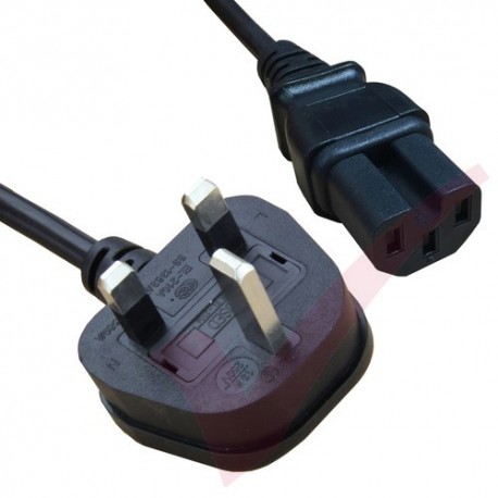 2.0 Metre Black - UK Mains Plug (13 Amp) - C15 HOT High Grade 1mmSq PVC Power Cable