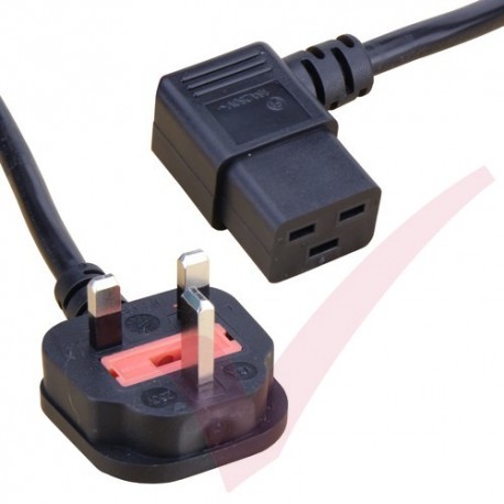 2.5 Metre Black - UK Mains Plug (13 Amp) - C19 (Angled Right) 1.5mmSq PVC Power Cable