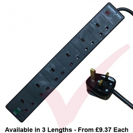Black - 6 Way Socket Gang Block Surge and Spike Protected Extension Lead
