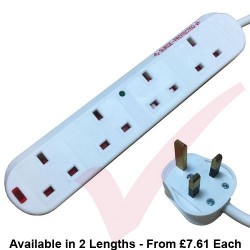 4 Way Socket Gang Block Surge and Spike Protected Extension Lead White