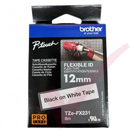 Brother 12mm Wide Tape Black On White Flexible ID Laminated TZEFX-231