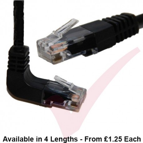 Cat5e Patch Cables Right Angle 'DOWN' to Straight RJ45 UTP Flush Booted Black