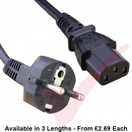 Schuko Euro Straight to IEC C13 Connector 0.75mm2 Power Cables Black