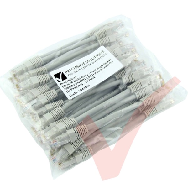 Short Grey 15cm Cat5e LSZH Patch Cables for 1U Patching 24Pk
