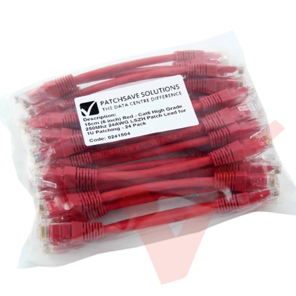 Short Red 15cm Cat5e LSZH Patch Cables for 1U Patching 24Pk