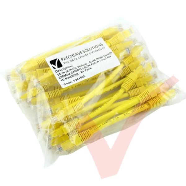 Short Yellow 15cm Cat5e LSZH Patch Cables for 1U Patching 24Pk