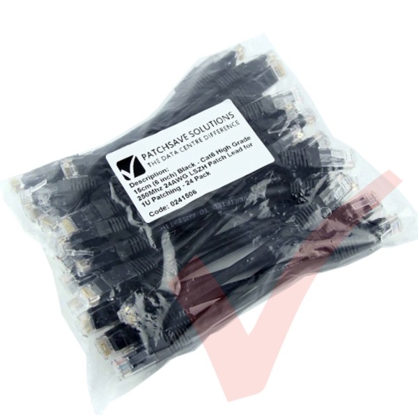 Short Black 15cm Cat5e LSZH Patch Cables for 1U Patching 24Pk