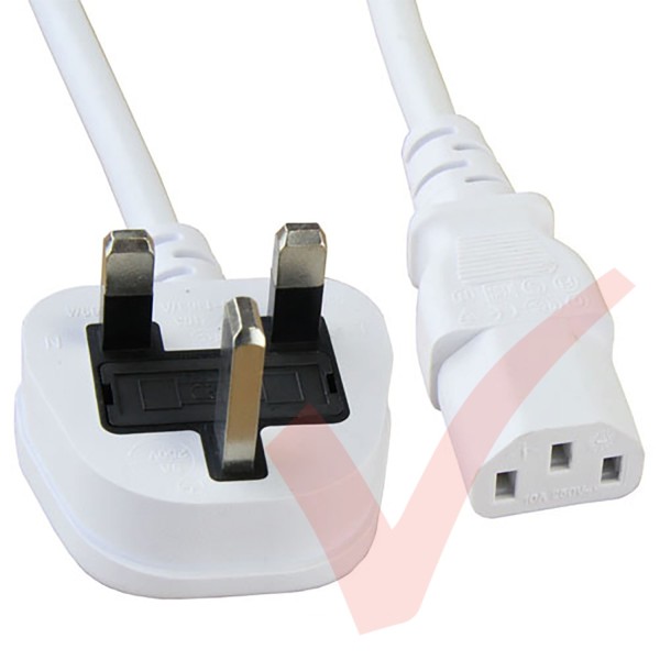 UK Mains Plug (5 Amp) - C13 High Grade 0.75mmSq PVC Power Cables White