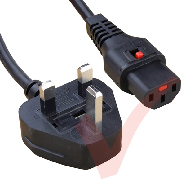 2.0 Metre Black - UK Mains Plug (5 Amp) - C13 IEC Lock 1mmSq PVC Locking Power Cable