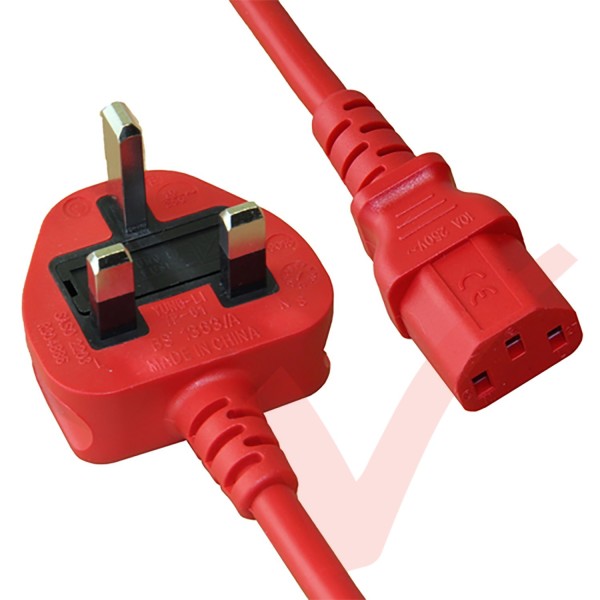 2.5 Metre Red - UK Mains Plug (10 Amp) - C13 High Grade PVC Power Cable