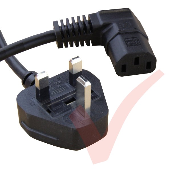UK Plug (13 Amp) - C13 Angled Right High Grade 1mmSq PVC Power Cables Black
