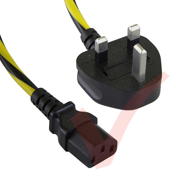 1.8 Metre (6ft) Black & Yellow - UK Plug to IEC C13 Connector Caution Black & Yellow Cable