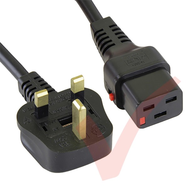 2.0 Metre Black - UK Mains Plug (13 Amp) - C19 (IEC Lock) PVC 1.5mmSq Locking Power Cable