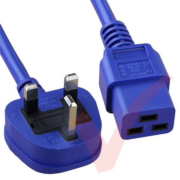 2.0 Metre Blue - UK Mains Plug (10 Amp) - C19 High Grade 1.5mmSq PVC Power Cable