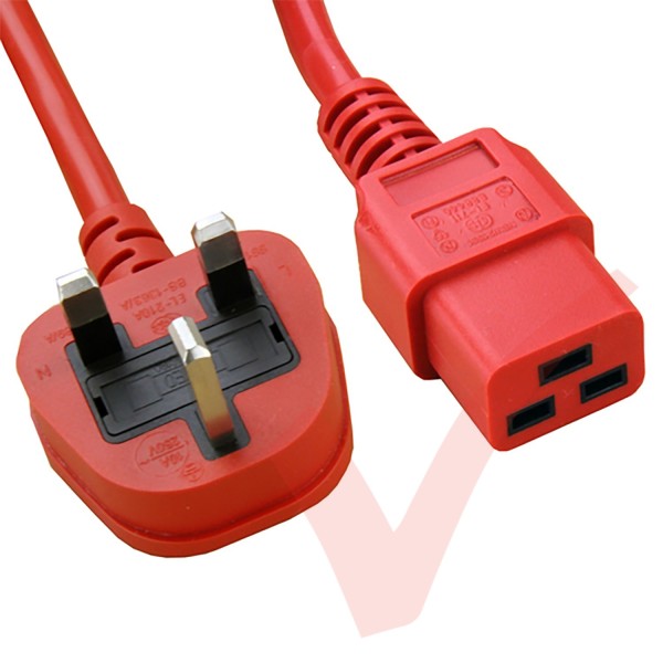2.0 Metre Red - UK Mains Plug (10 Amp) - C19 High Grade 1.5mmSq PVC Power Cable