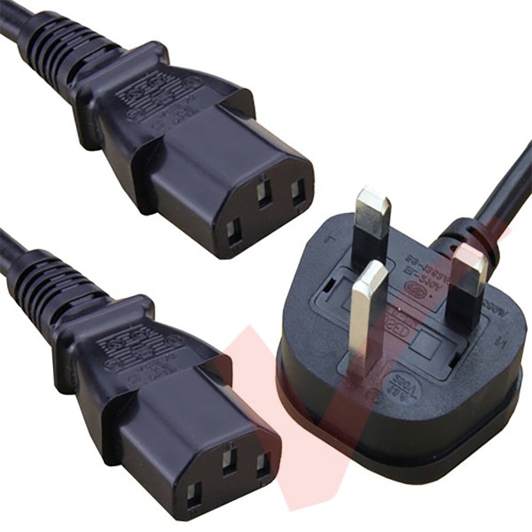 2.0 Metre Black Splitter UK Mains Plug (13 Amp) - 2x C13 (0.5 Metre Legs) High Grade Power Cable