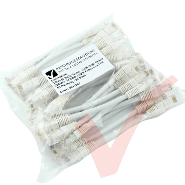 Short White 15cm Cat6 LSZH Patch Cables for 1U Patching 24Pk
