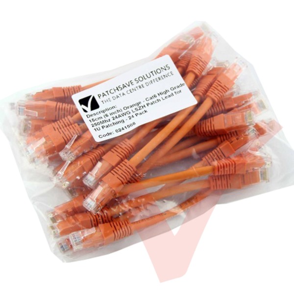 Short Orange 15cm Cat6 LSZH Patch Cables for 1U Patching 24Pk