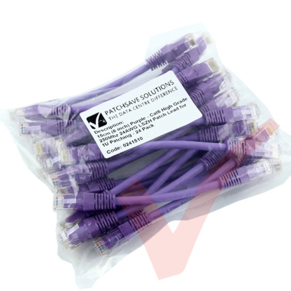 Short Purple 15cm Cat6 LSZH Patch Cables for 1U Patching 24Pk