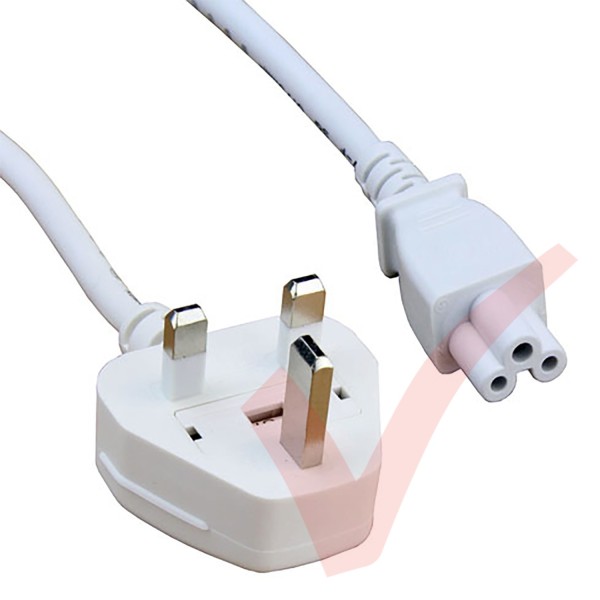 1.8 Metre White - UK Mains Plug (5 Amp) - C5 Clover Leaf High Grade 0.75mmSq PVC Power Cable