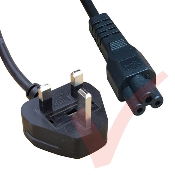 UK Plug (5 Amp) - C5 Clover Leaf High Grade 0.75mmSq PVC Power Cables Black