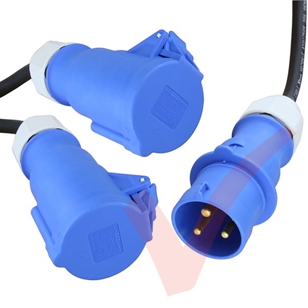 1.0 Metre Black - 32Amp Splitter IEC309 Commando Male Plug to 2x Commando Female Sockets Splitter Power Cable