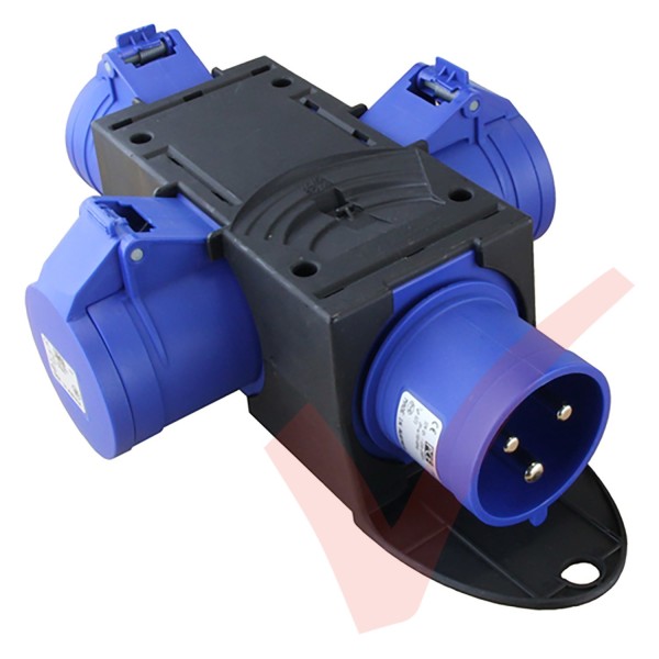 32Amp Power Junction Box -  IEC309 Commando Male Plug to 3x Commando Female Sockets Power Distribution Unit