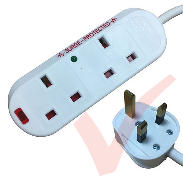 White - 2 Way Socket Gang Block Surge and Spike Protected Extension Lead