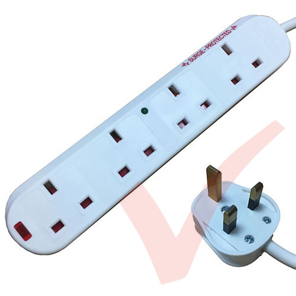 White - 4 Way Socket Gang Block Surge and Spike Protected Extension Lead