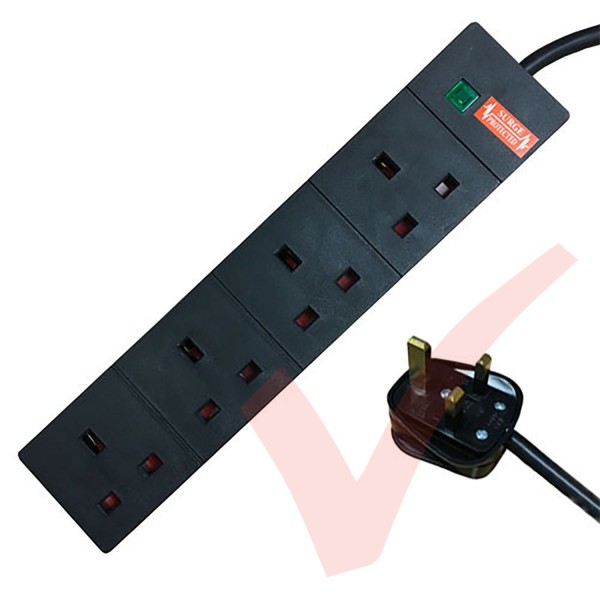 Black - 4 Way Socket Gang Block Surge and Spike Protected Extension Lead