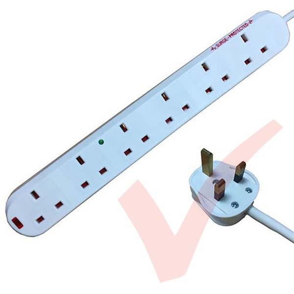 White - 6 Way Socket Gang Block Surge and Spike Protected Extension Lead