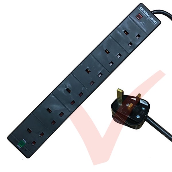Black - 6 Way Socket Gang Block Surge and Spike Protected Extension Lead