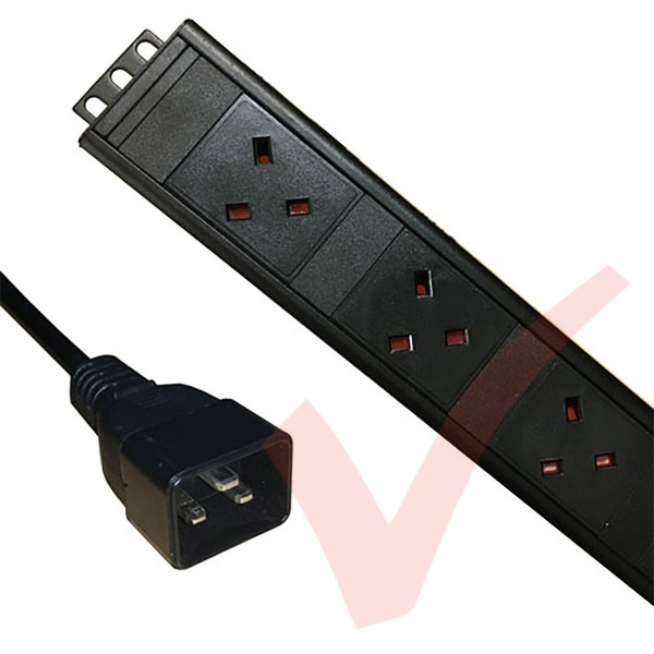 Vertical UK Socket to C20 Plug with 3 Metre Trailing Cable Rack PDU