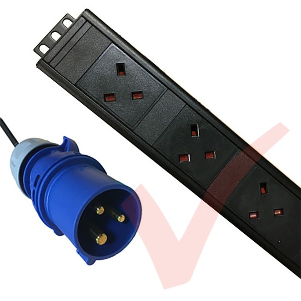 Vertical UK Socket to 16 Amp Plug with 3 Metre Trailing Cable Rack PDU