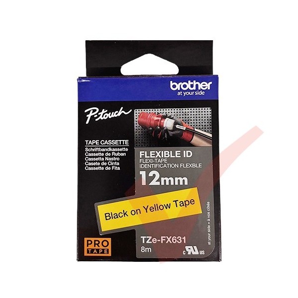 Brother 12mm Wide Tape Black On Yellow Flexible ID Laminated TZEFX-631
