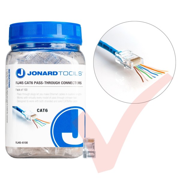 Jonard RJ45-6100 CAT6 Pass-Through Connectors 100 Pack