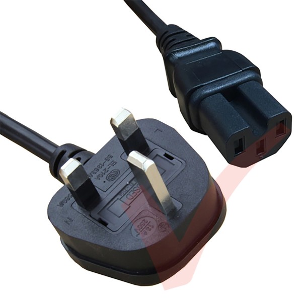 2 metre UK plug to IEC C15 13 amp high grade power cable in black